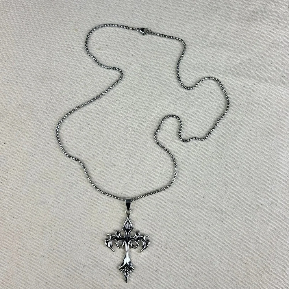 Vintage Y2K silver cross opium cyber punk style necklace emo goth